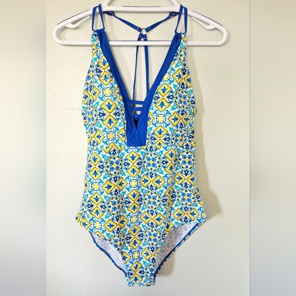 Nicole Miller Studio Blue And Yellow One Piece Swimsuit Size 12